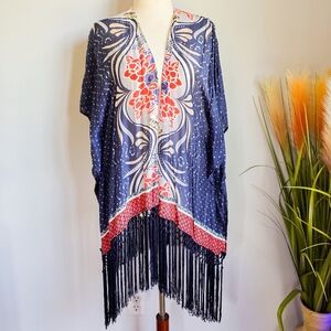 Chico's, Silk Modal Blue Multi Floral Fringe Kimono Ruana Topper, Size Medium